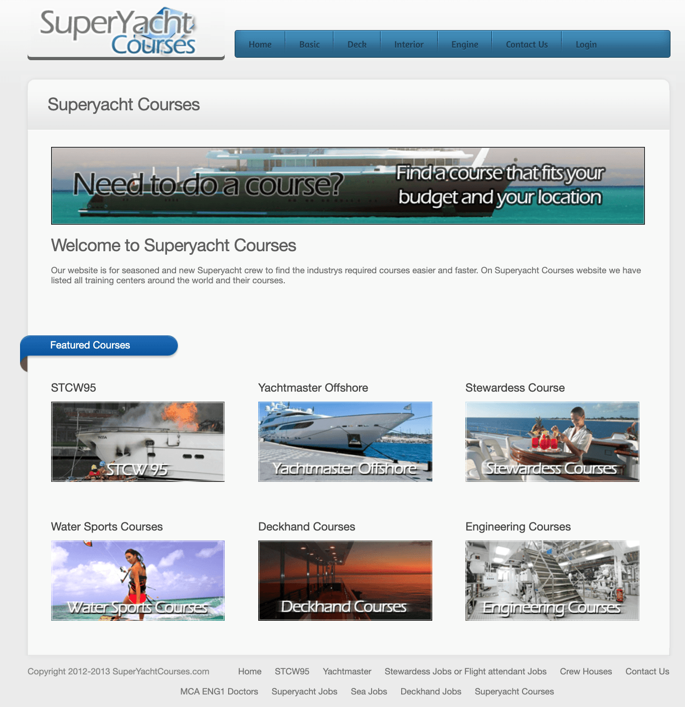 Screenshot of the original SuperyachtCourses.com website from 2013, showing a blue-themed homepage with featured course categories including STCW95, Yachtmaster Offshore and Stewardess Course