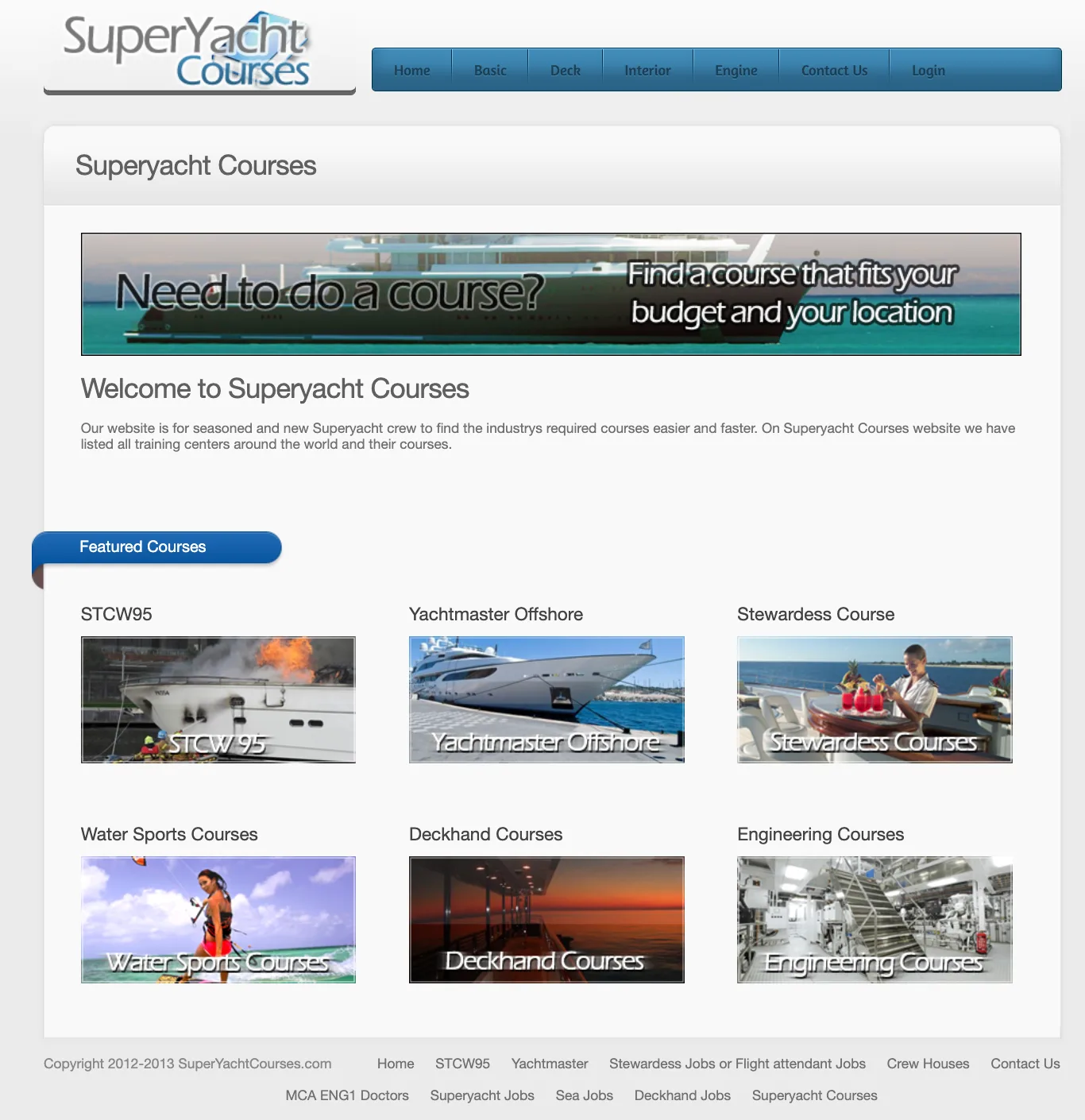Screenshot of the original SuperyachtCourses.com website from 2013, showing a blue-themed homepage with featured course categories including STCW95, Yachtmaster Offshore and Stewardess Course